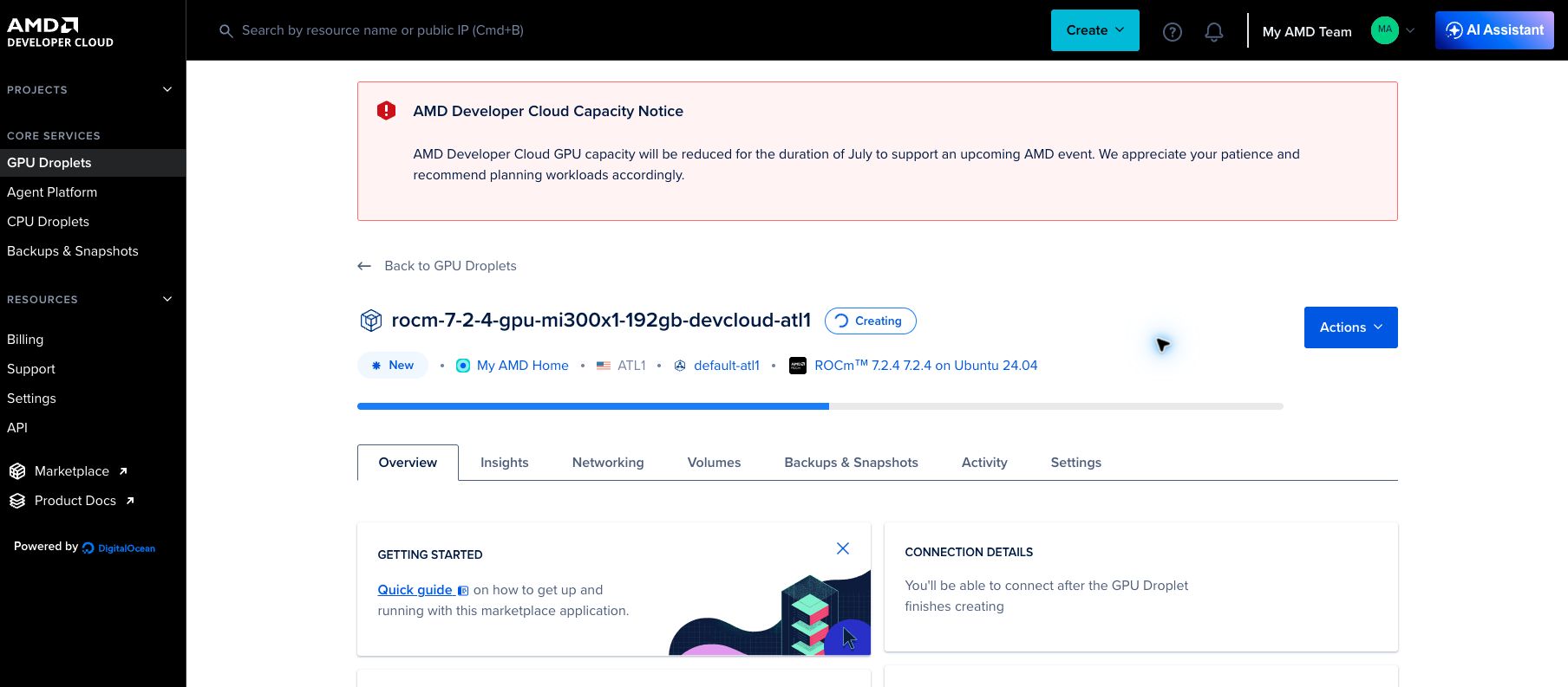 AMD Cloud MI300X droplet created proof