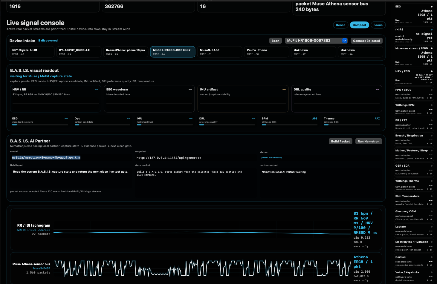 B.A.S.I.S. live signal console showing Muse Athena and MoFit HRV capture lanes