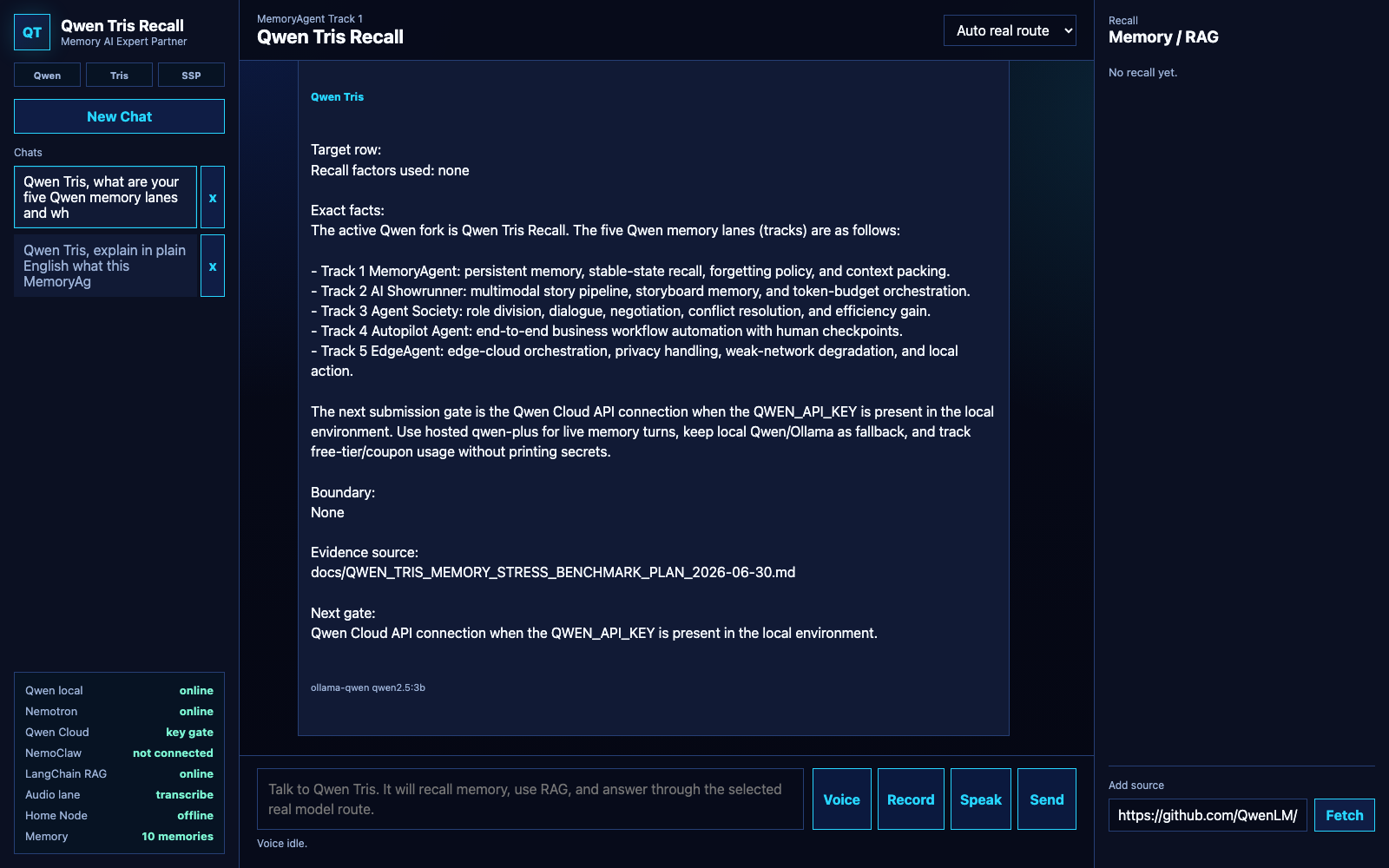 Qwen Tris memory lanes and chat