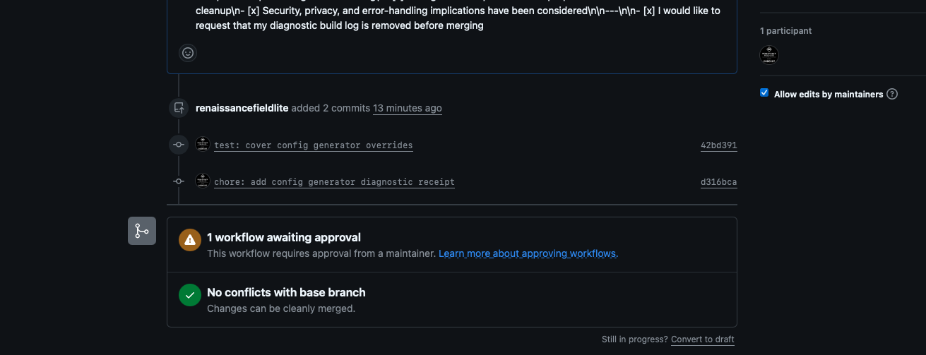 GitHub PR #6 showing no conflicts and maintainer workflow approval pending